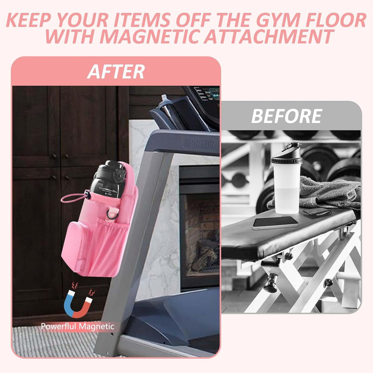 Magnetic Gym Bag with Water Bottle Holder for Men and Women, Compact Design, Ideal Gym Gift (Pink, <40 OZ)